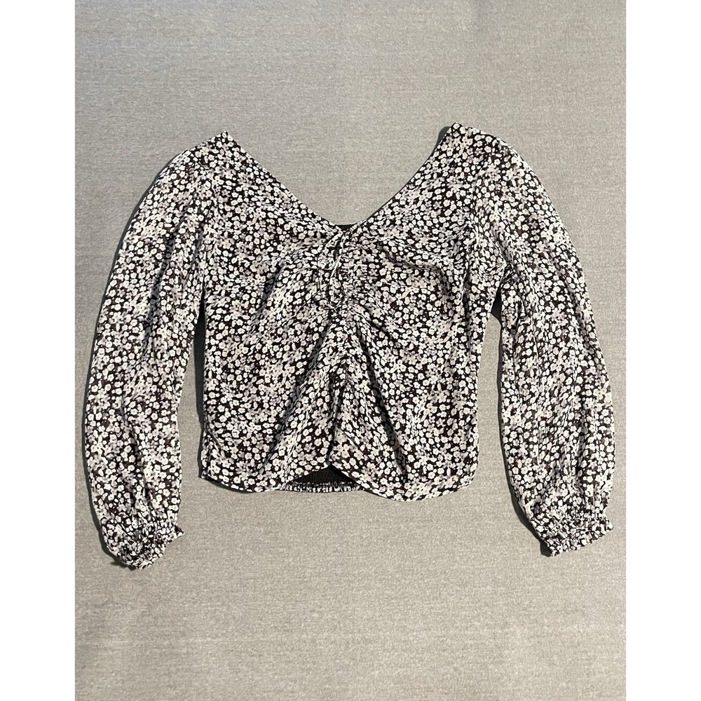 Abercrombie & Fitch Floral Smocked Top Small Puff Sleeve Ruched Front Crop